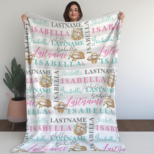 Jolie couverture de fentes avec nom avec bandes (Pretty Sloth Blanket With Name with Stripes)