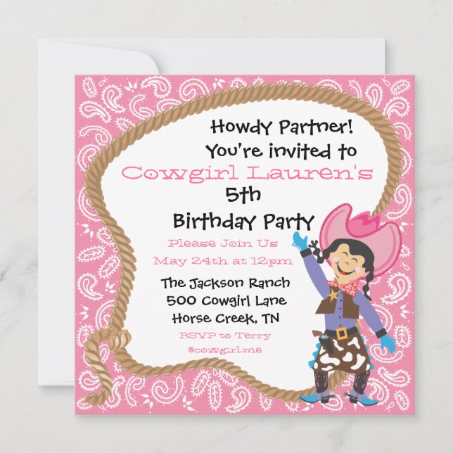 Jolie cowgirl anniversaire lasso Invitation Card (Devant)