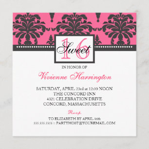 Jolie Damask Black & Hot Pink Sweet 16 Invitation