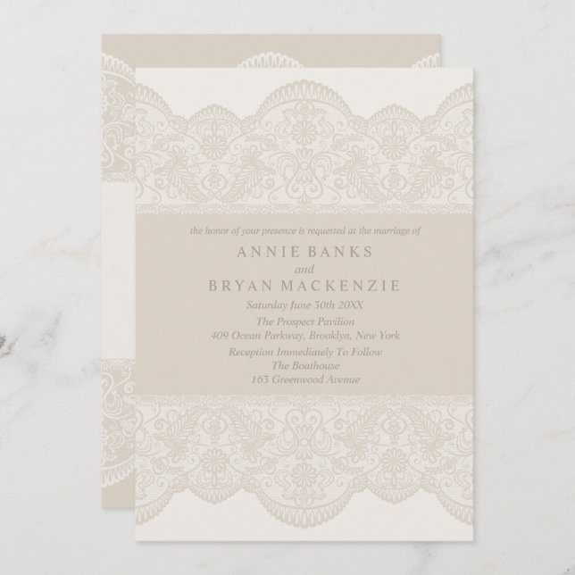 Jolie Dentelle Beige Invitations Mariage (Devant / Derrière)