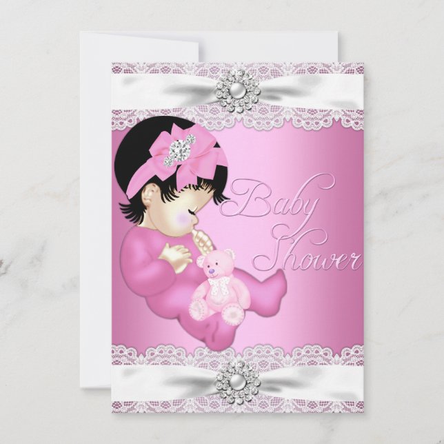 Jolie dentelle & invitation pour bébé fille rose p (Devant)