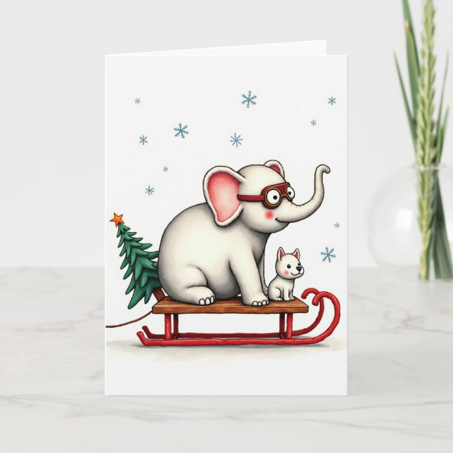 Jolie Eléphant Chien traîneau de Noël Carte Whimsi (Devant)