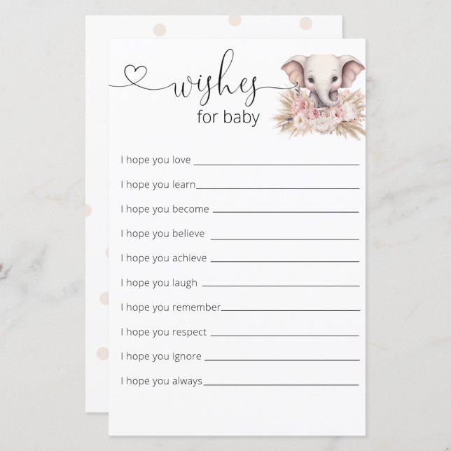 Jolie Eléphant Rose Boho Girl Souhaite Pour Bébé (Devant / Derrière)