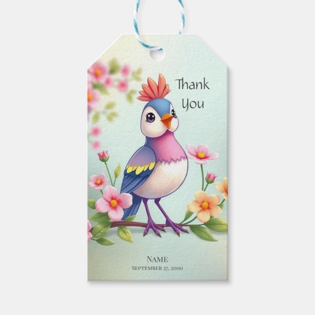 Jolie étiquette cadeau florale oiseau bleu rose (Devant)