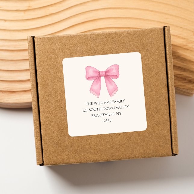 Jolie étiquette retour à l'expéditeur aquarelle ro (Cute Watercolor Pink Bow Coquette return address Square Sticker)