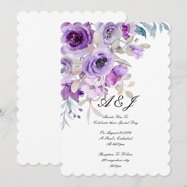 jolie faire-part de mariage violet lilas (Devant / Derrière)