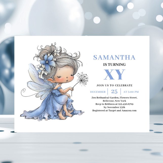 Jolie Fée Bleue 6ème Anniversaire Invitations Past (Cute Blue Fairy Girl 6th Birthday Pastel invitation)