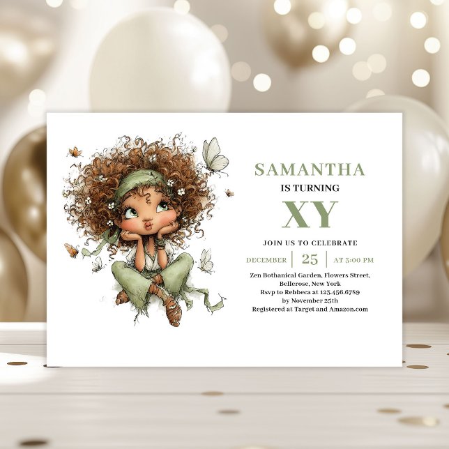 Jolie Fée Fille 5ème Anniversaire Invitation Vert  (Cute Fairy Girl 5th Birthday Dusty Green Invitation)