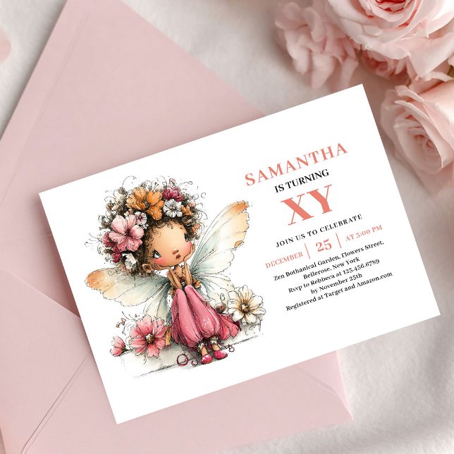 Jolie Fée Fille Invitation Fleurie Rose pour 6ème  (Pretty Fairy Girl 6th Birthday Floral Blush invitation)