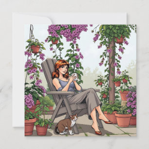 Jolie femme buvant du café, son chien et Plantes