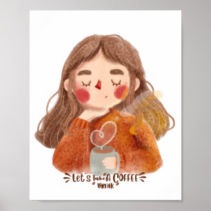 Jolie Fille Accueillante avec Affiche de Café - Pr