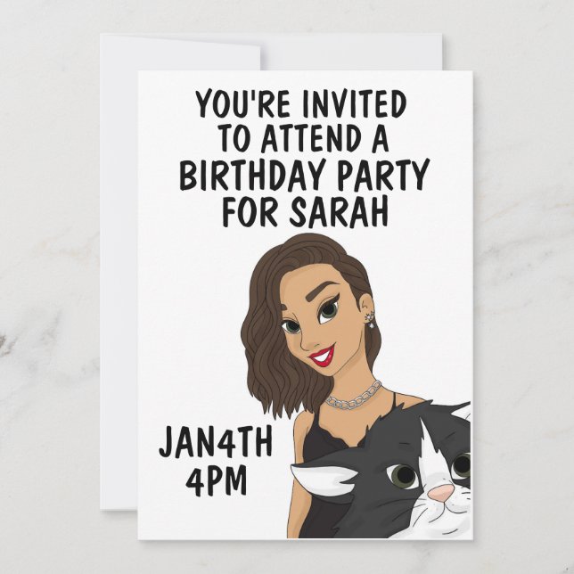 JOLIE FILLE AVEC CAT ANNIVERSAIRE INVITATIONS DE F (Devant)