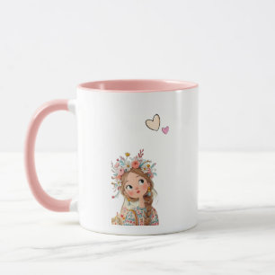Jolie Fille Boho avec Couronne de Fleurs Mug Rose