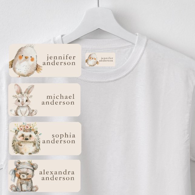 Jolie Fille Boho Floral Animaux Étiquette de Nom I (Cute Girl Boho Floral Animals Waterproof Name Labels)