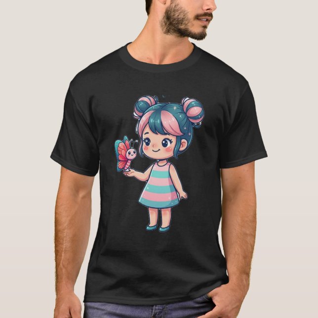 Jolie Fille Chibi Anime avec T-Shirt Papillon (Devant)