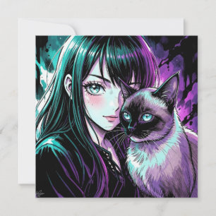 Jolie Fille d'Anime et Chat Siamois