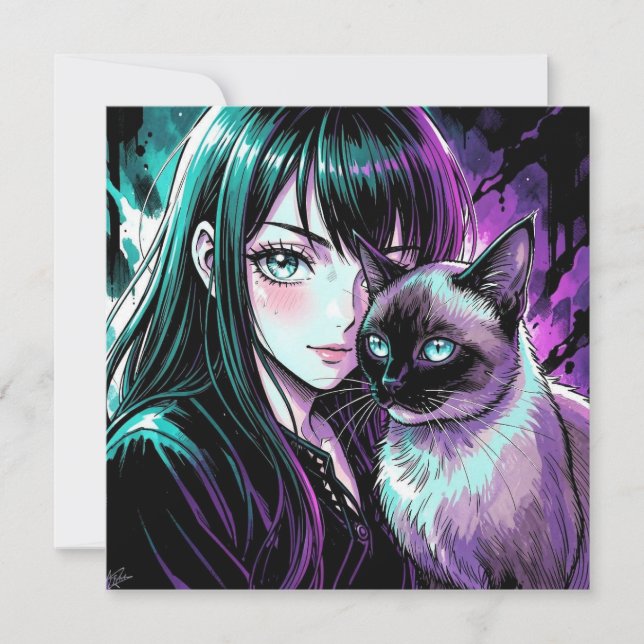 Jolie Fille d'Anime et Chat Siamois (Devant)