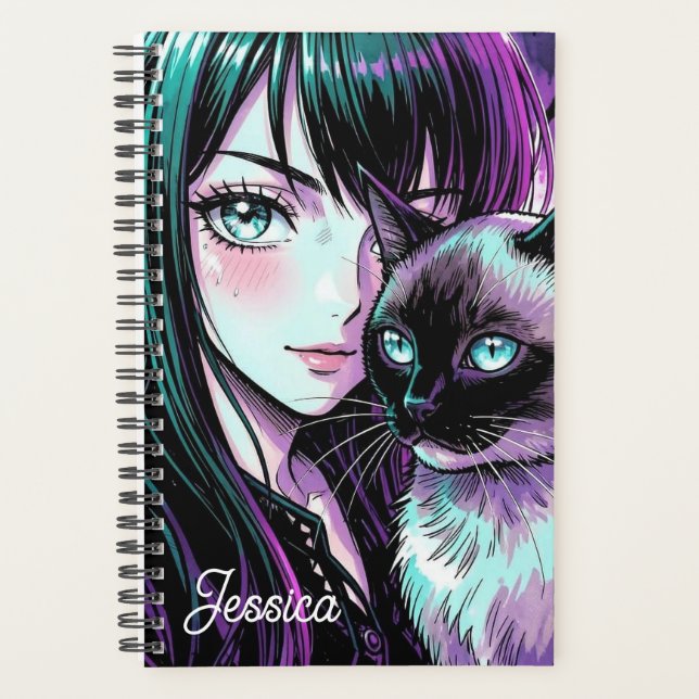 Jolie Fille d'Anime et Chat Siamois (Devant)