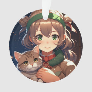 Jolie Fille d'Anime Tenant un Chaton Noël