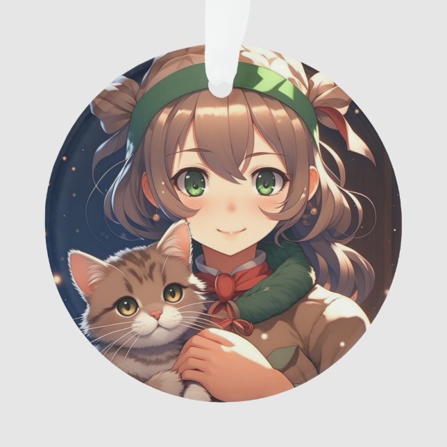 Jolie Fille d'Anime Tenant un Chaton Noël (devant)