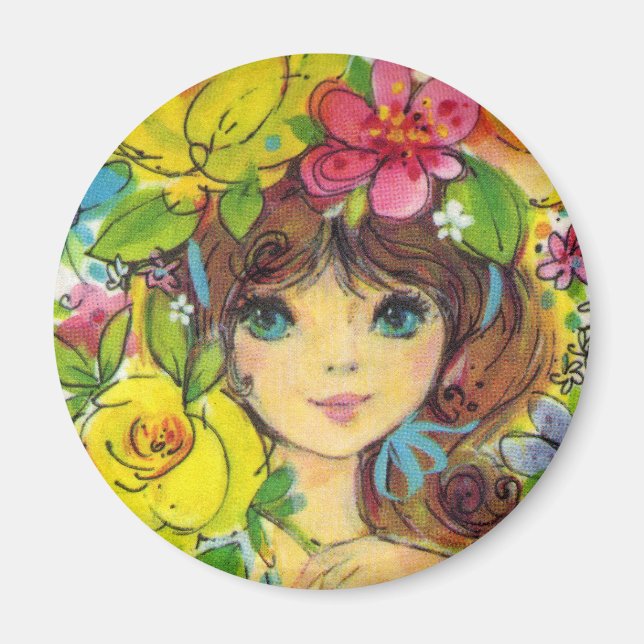 Jolie Fille dans un Bouquet de Fleurs Magnet (Devant)