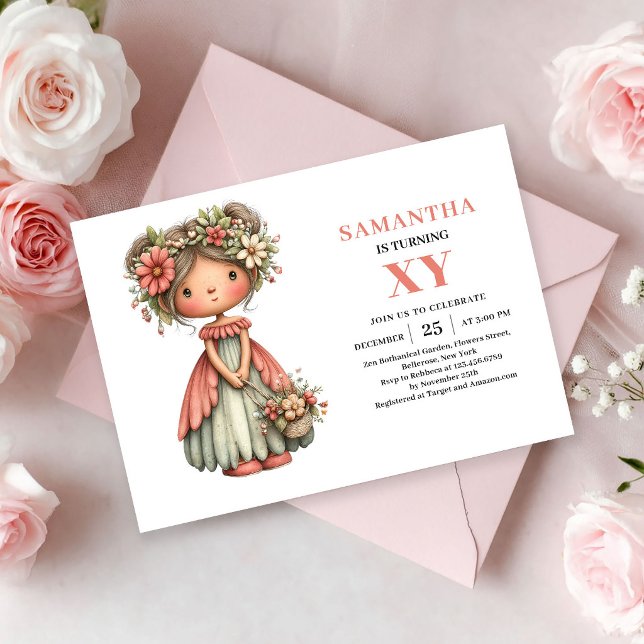 Jolie fille fée anniversaire invitations rose flor (Cute Fairy Girl Birthday Pink Floral Magic invitation)