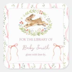 Jolie Fille Lapin aux Fleurs Rose Livre Étiquette