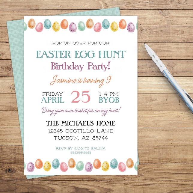Jolie fille ou garçon moderne Pâques Invitation d' (fun easter birthday party invitation for boy or girl with simple easter egg border)