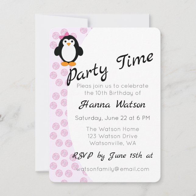 Jolie fille Penguin Invitation fête d'anniversaire (Devant)