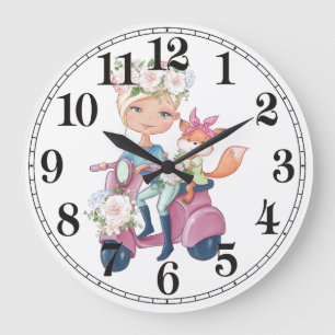 Jolie Fille sur Scooter avec Horloge Murale Renard