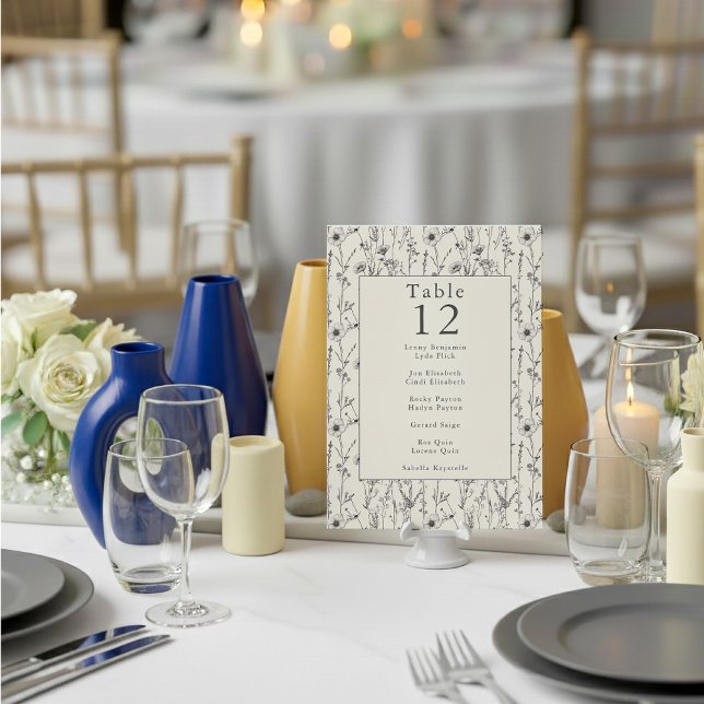 Jolie fleur sauvage numéro de table carte place (Wildflowers table number name chart wedding reception card.)