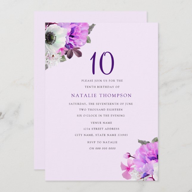 Jolie Fleur violette Fille 10e Invitation d'annive (Devant / Derrière)