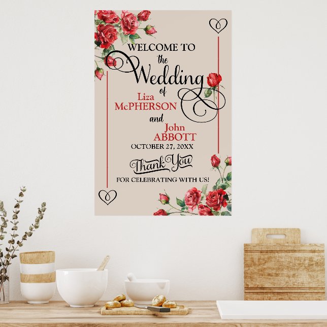 Jolie Floral Roses Mariage Affiche de bienvenue (Cuisine)