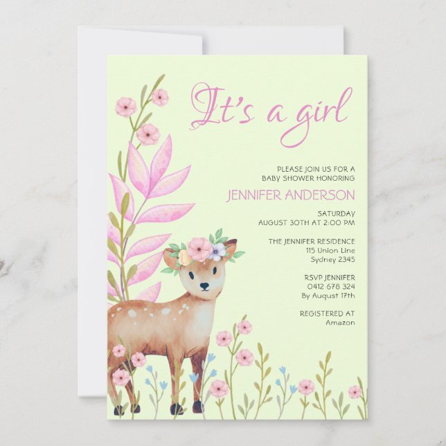 Jolie Forêt Faune Cerf Baby shower Invitation fill (Devant)
