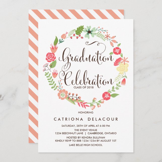 Jolie Garden Wreath Graduation Party Invitation (Devant / Derrière)