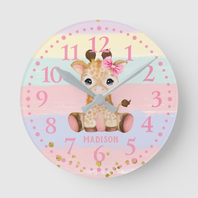 Jolie girafe girly horloge ronde arc-en-ciel (Recto)