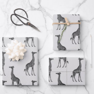 Jolie Giraffes d'Argent Bleu Enveloppant feuilles 