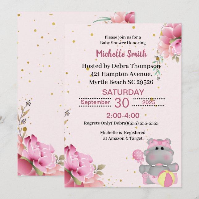 Jolie Hippo Floral Baby Shower Invitations (Devant / Derrière)