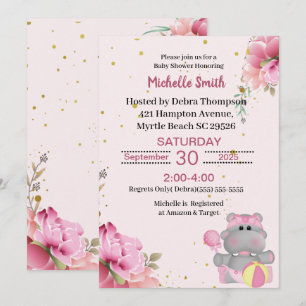 Jolie Hippo Floral Baby Shower Invitations