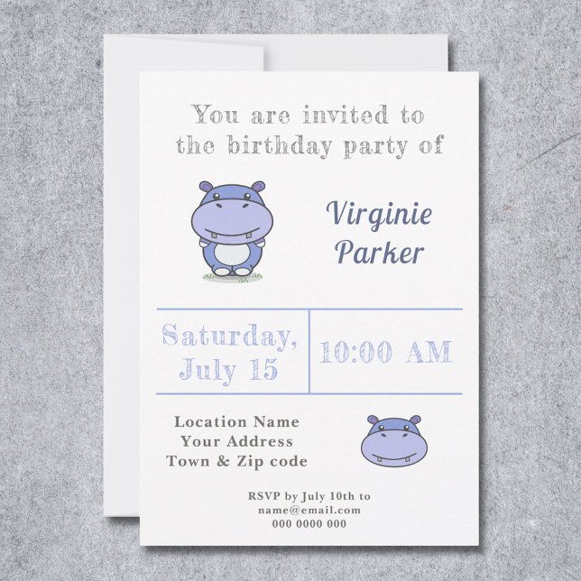 Jolie Hippo Invitation d'anniversaire (Cute Hippo Birthday Invitation - Back)