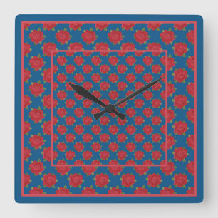 Jolie horloge murale Carré : Roses rouges sur bleu