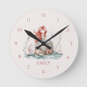 Jolie horloge murale enfant sirène aux cheveux rou