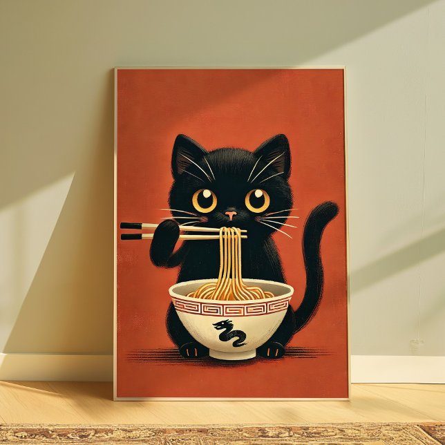 Jolie impression d'art de ramen de chat noir | Cha (Créateur téléchargé)