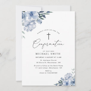 jolie invitation à la confirmation florale bleu po