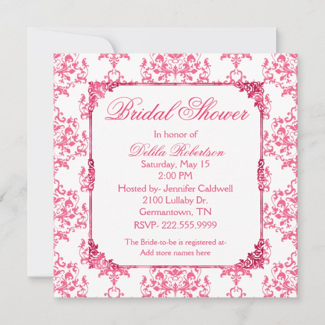 Jolie invitation à la douche nuptiale Damas rose (Devant)