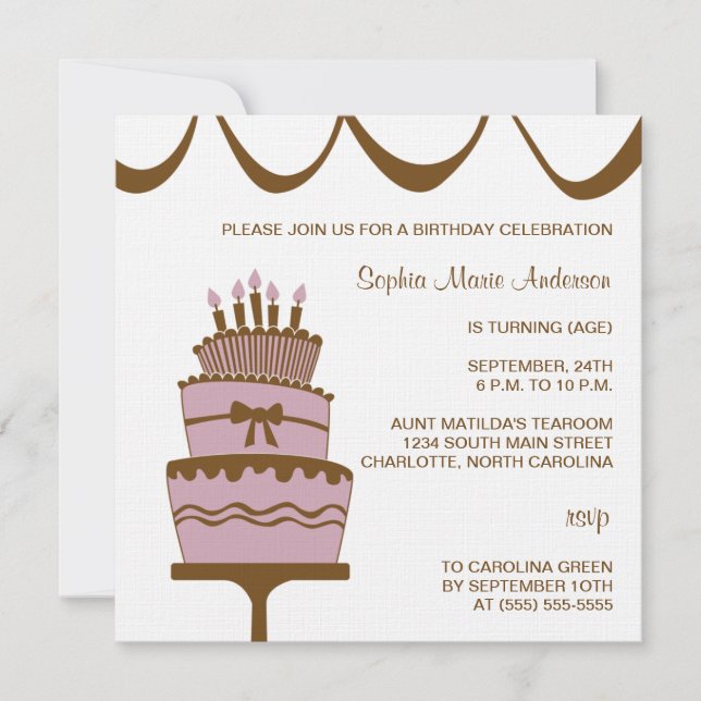 Jolie invitation à la fête du gâteau d'anniversair (Devant)