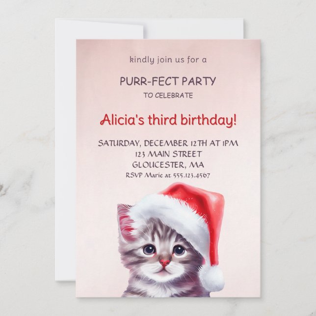 Jolie invitation à l'anniversaire du chat. (Devant)