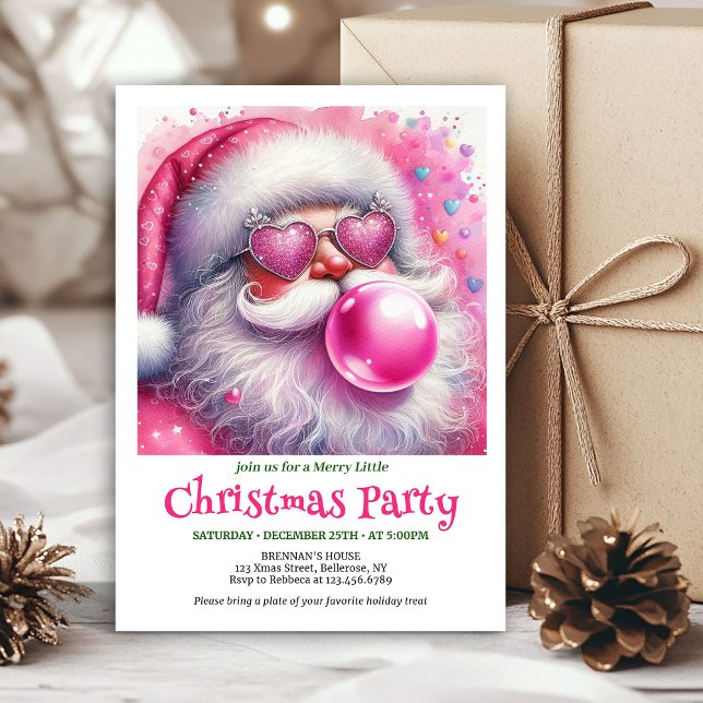 Jolie invitation à l'aquarelle au chewing-gum rose (Lovely pink santa chewing gum watercolor invite card)