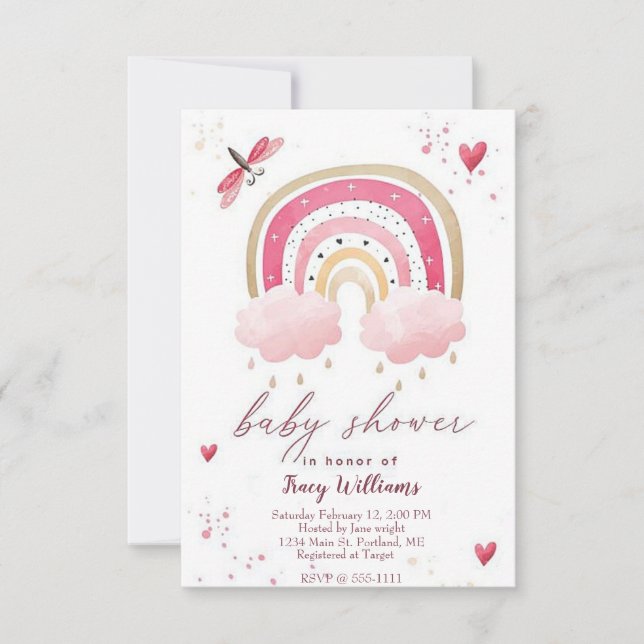 Jolie invitation baby shower arc-en-ciel rose (Devant)
