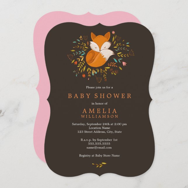 Jolie Invitation Baby shower de renard de bois (Devant / Derrière)